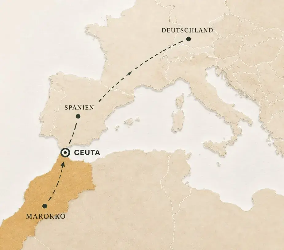 Karte: Lage von Ceuta an der Straße von Gibraltar – Verbindung zwischen Marokko, Spanien und Deutschland